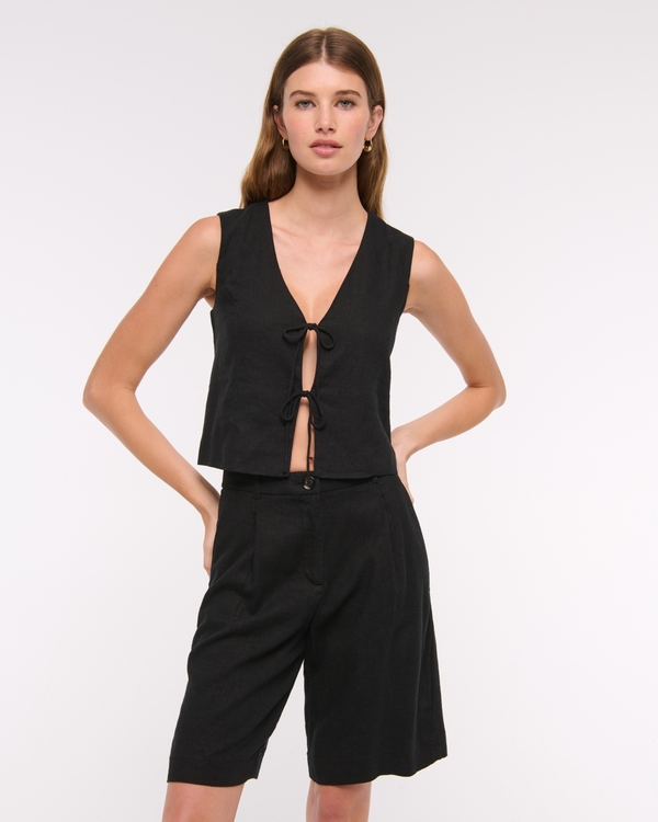 Tie-Front Linen-Blend Vest, Black view 1